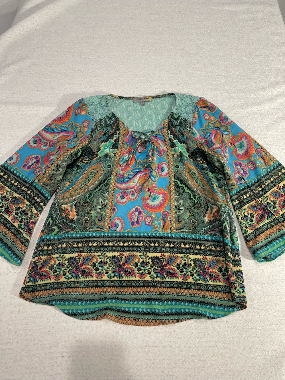 Figueroa & Flower WMS Multicolor Paisley Lace V-Neck 3/4 Sleeves Blouse (M)#0493